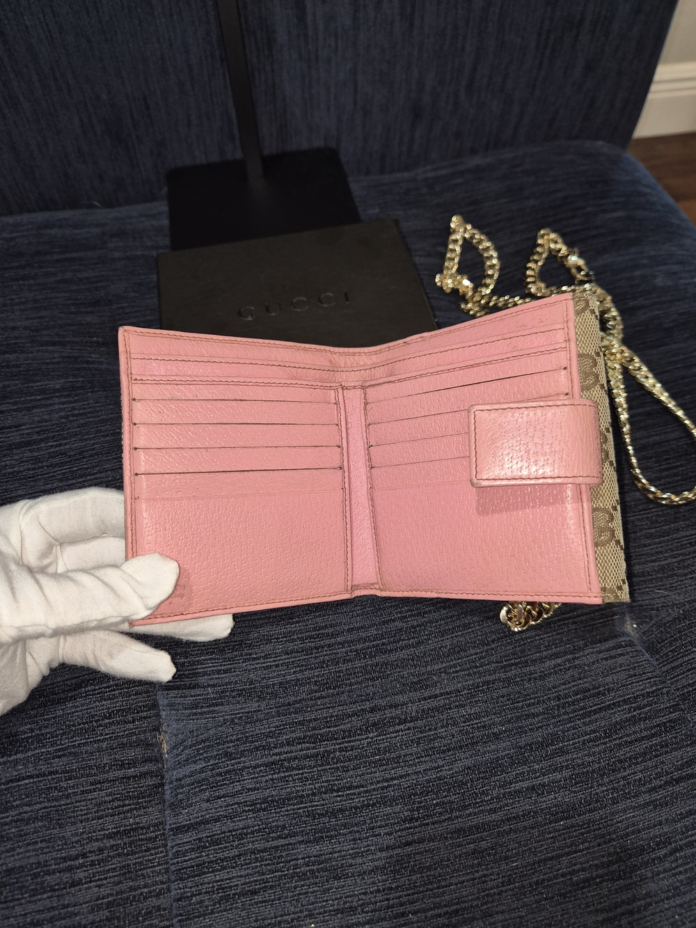 Authentic Gucci GG Canvas Wallet On Chain Pink Leather Crossbody Monogram Box - Picture 12 of 15